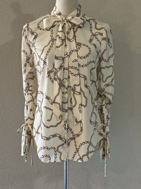 Veronica Beard Remi Womens 0 Ecru Brown Silk Chain Print Bow Tie Blouse